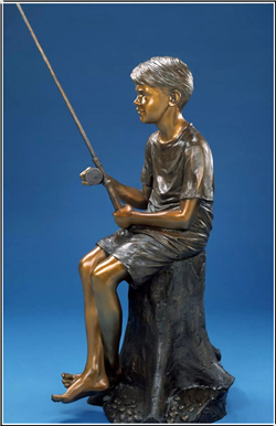 现代小男孩钓鱼人物铜雕塑